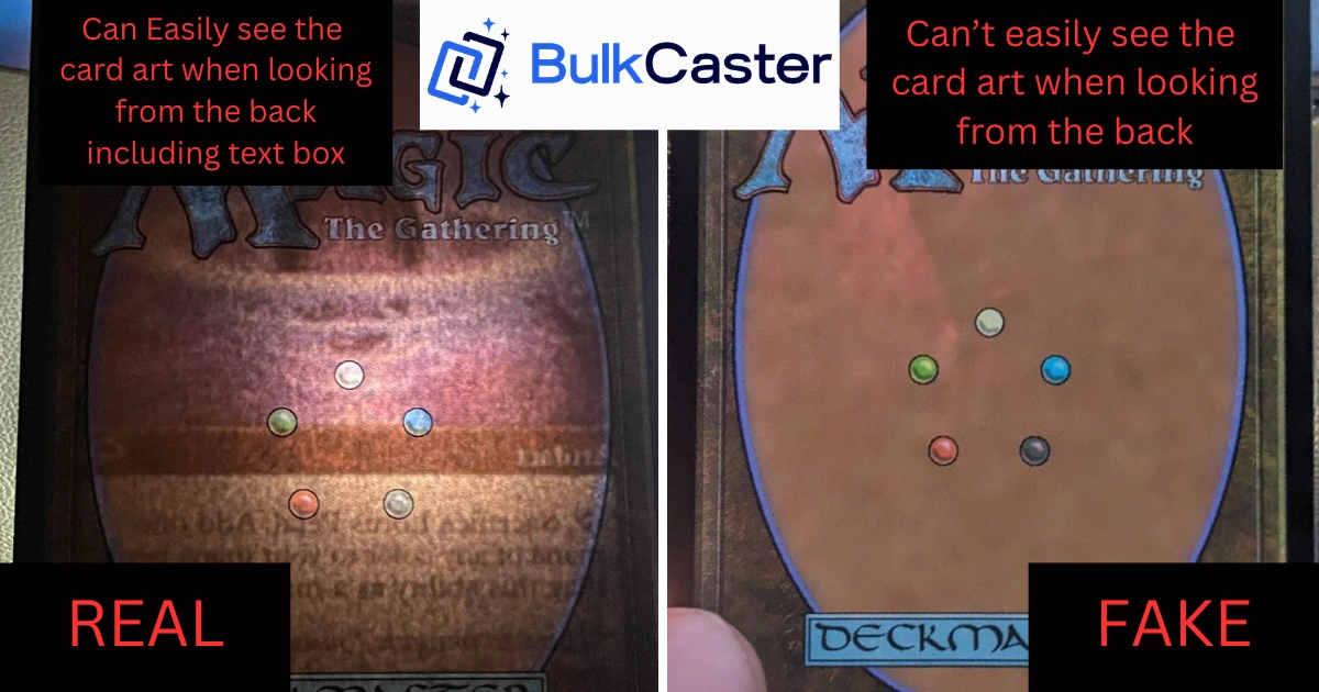 Light test comparison showing a real Magic card where card art is visible from the back versus a fake where the card is too opaque