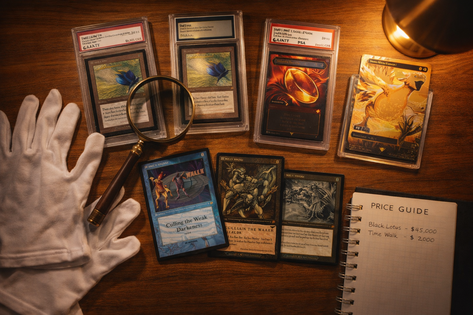 Expensive rare trading cards being evaluated on a collector's desk