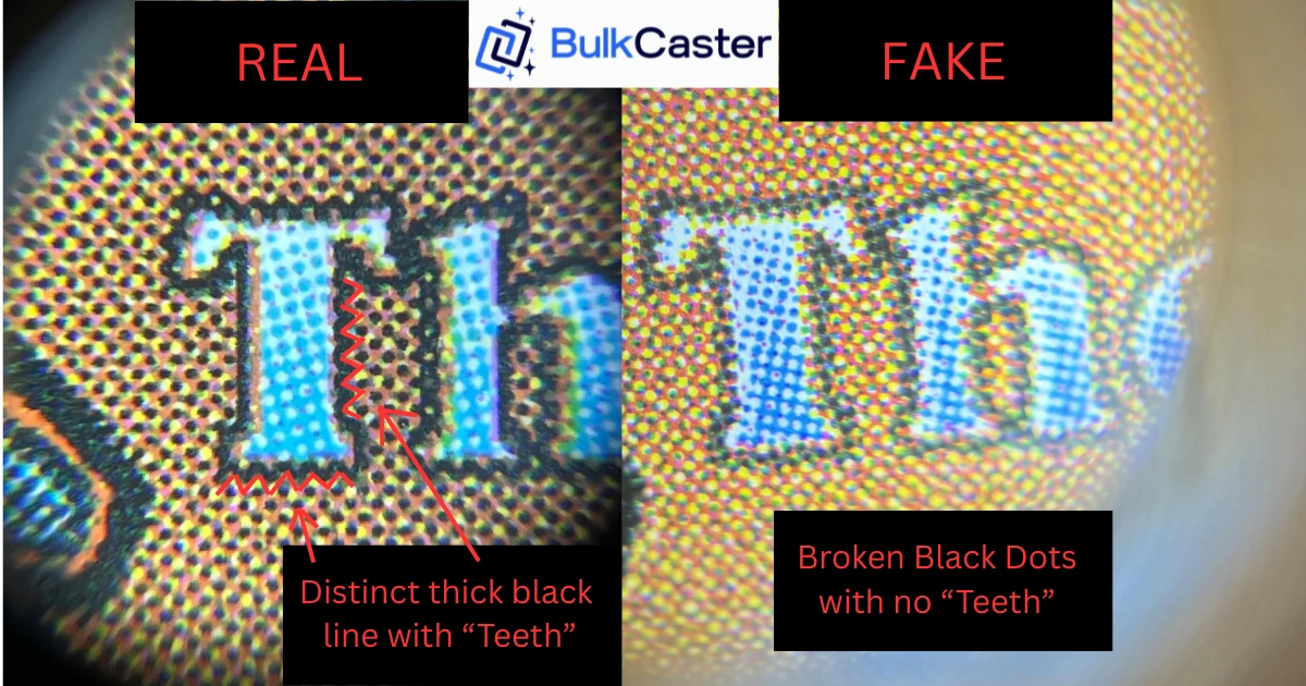 Magnified comparison showing distinct thick black lines with teeth on a real MTG card versus broken black dots with no teeth on a fake
