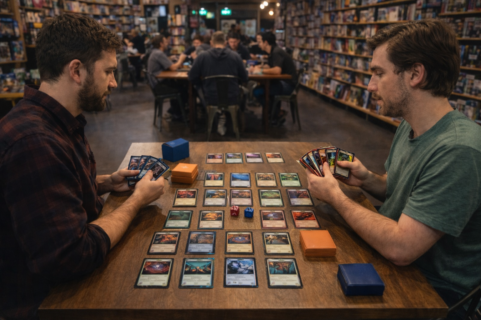 Players competing with standard legal cards at a Friday Night Magic event inside a local game store