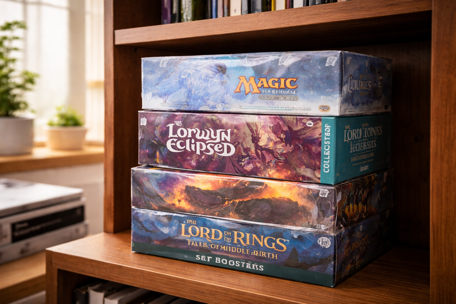 Sealed MTG booster boxes stored on a shelf for long-term investment