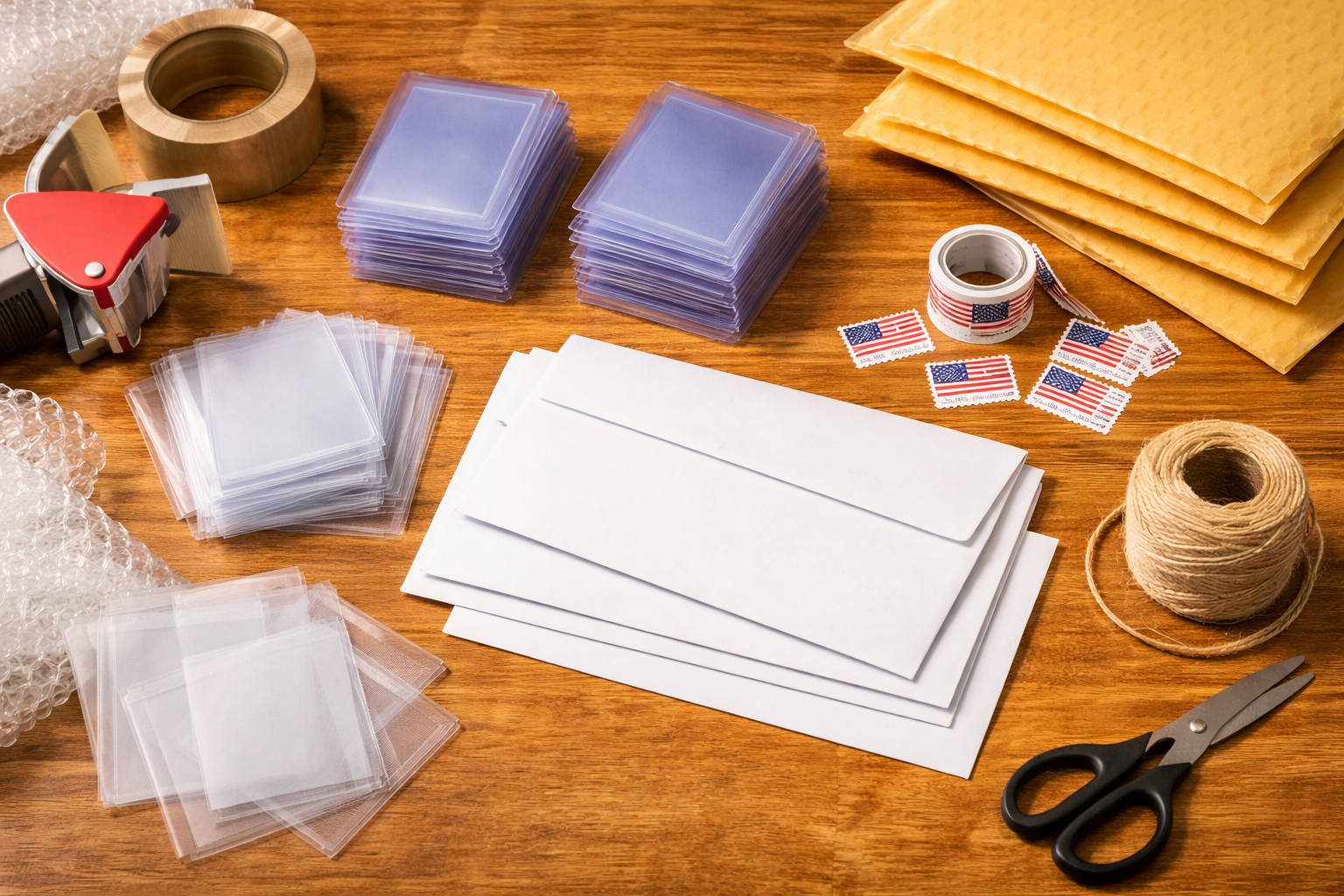 Essential shipping supplies for selling MTG cards on eBay including sleeves, top loaders, and envelopes