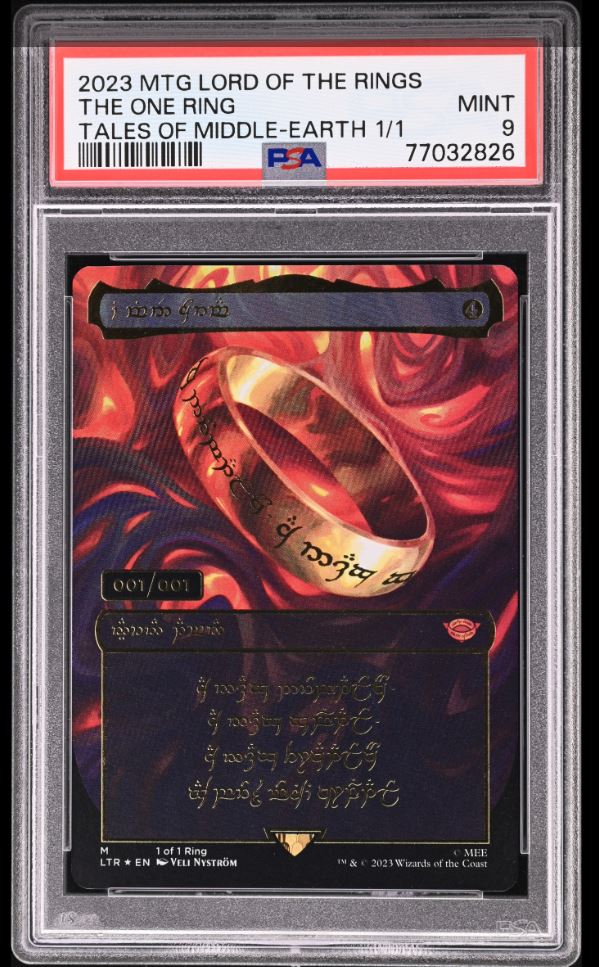 The One Ring serialized 001/001 card from Magic the Gathering's Lord of the Rings Tales of Middle-earth set