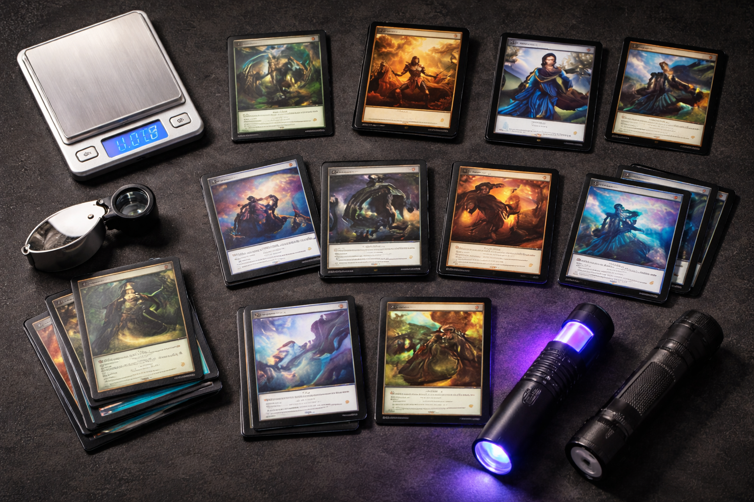 Essential tools for authenticating trading cards including a loupe, scale, and flashlight