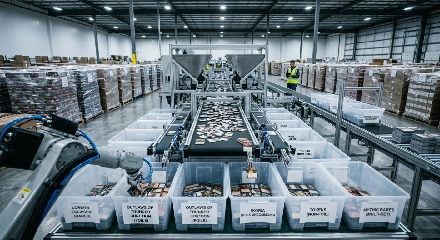 Commercial card sorting machine processing thousands of trading cards for resale