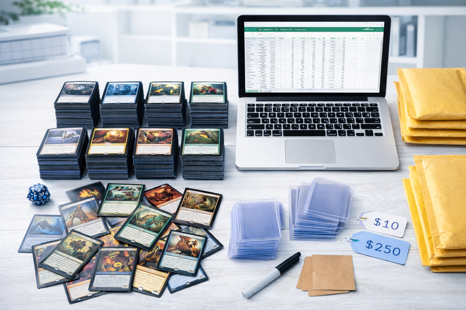 Organized MTG card selling workstation with bulk listing tools
