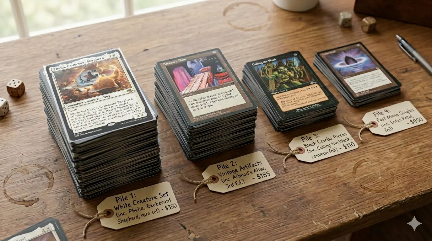 Magic: The Gathering cards sorted into pricing tiers for efficient eBay listing