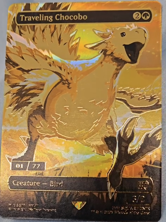 Serialized Golden Traveling Chocobo card from the Magic the Gathering Final Fantasy set, 1 of 77 printed