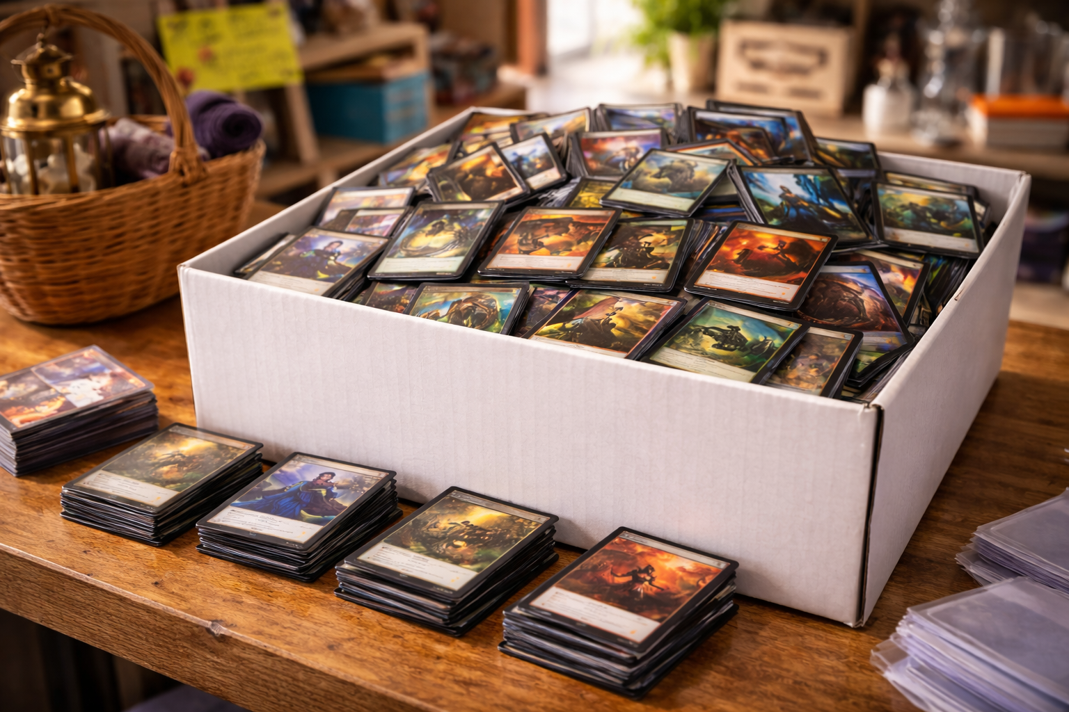A bulk box full of MTG cards ready to buy at a garage sale