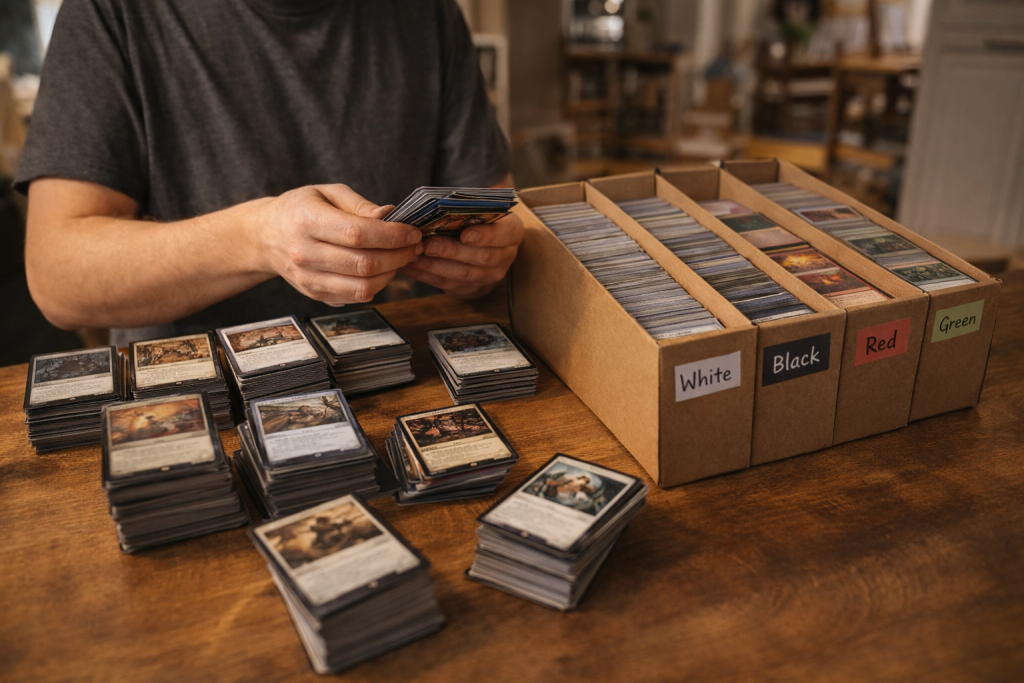 Person sorting and organizing fantasy trading cards into labeled boxes for resale