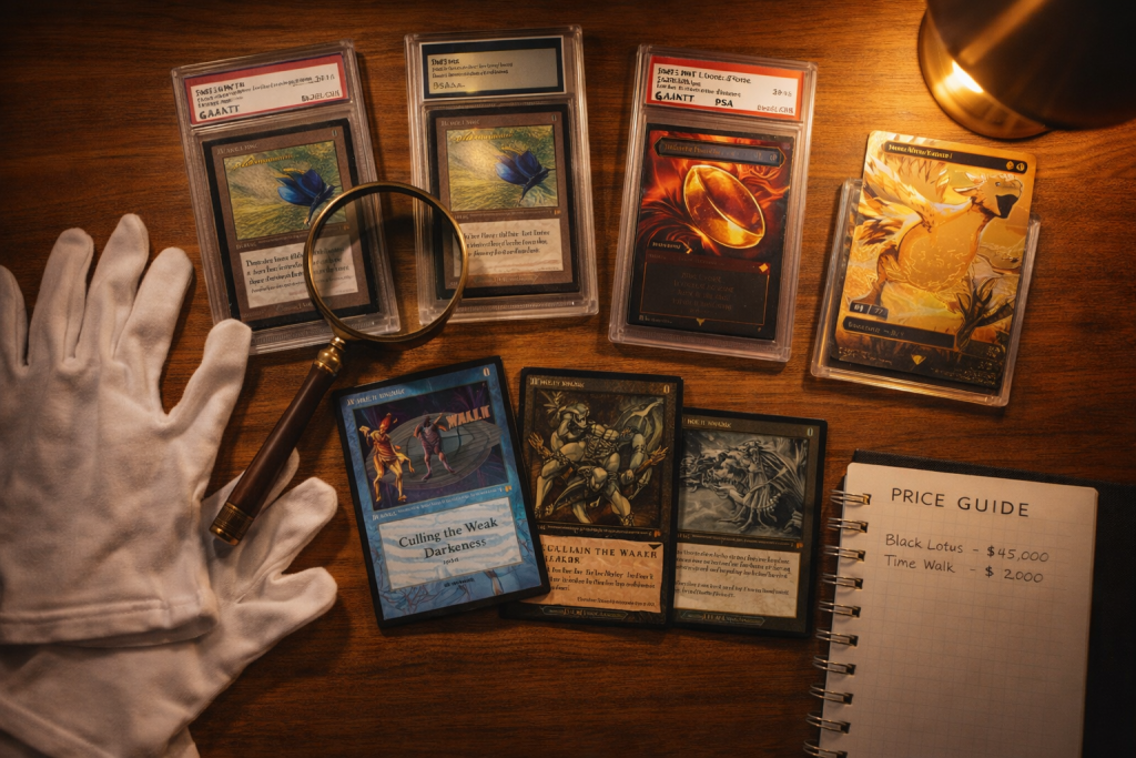 Expensive rare trading cards being evaluated on a collector's desk