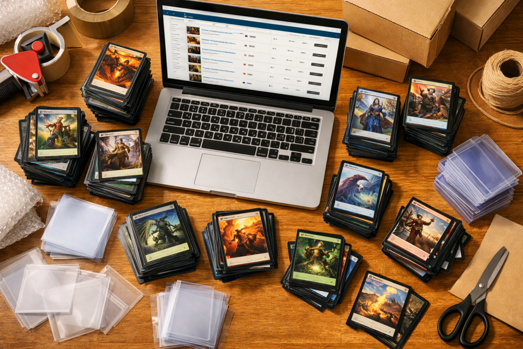 Desk setup showing how to sell MTG cards on eBay with cards, shipping supplies, and a laptop