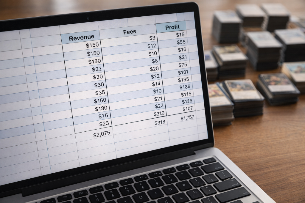 Laptop showing a profit tracking spreadsheet with fantasy trading cards in the background