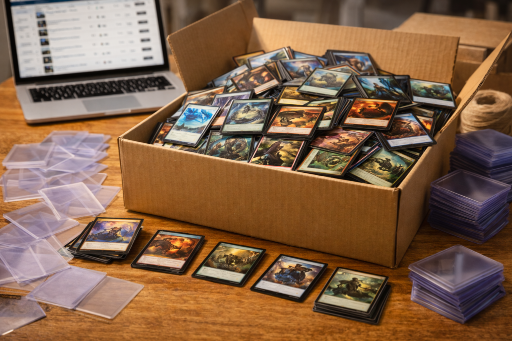 Hundreds of bulk magic cards spread across a table ready to sell bulk magic cards on eBay