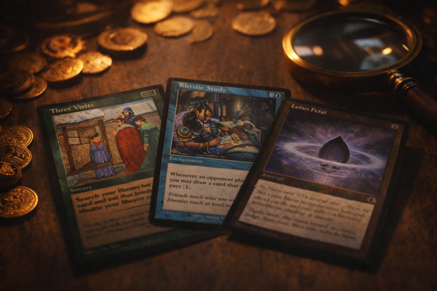The most expensive common MTG cards fanned out on a table with gold coins representing their surprising value
