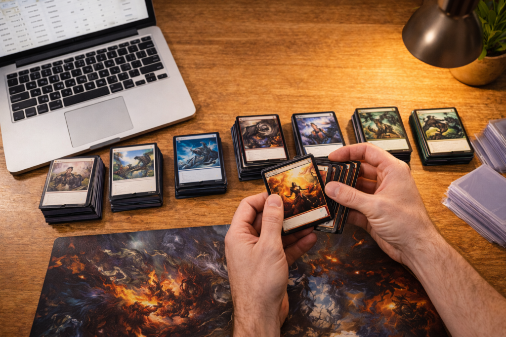 Sorting and picking through a bulk lot of magic cards to find valuable commons and uncommons