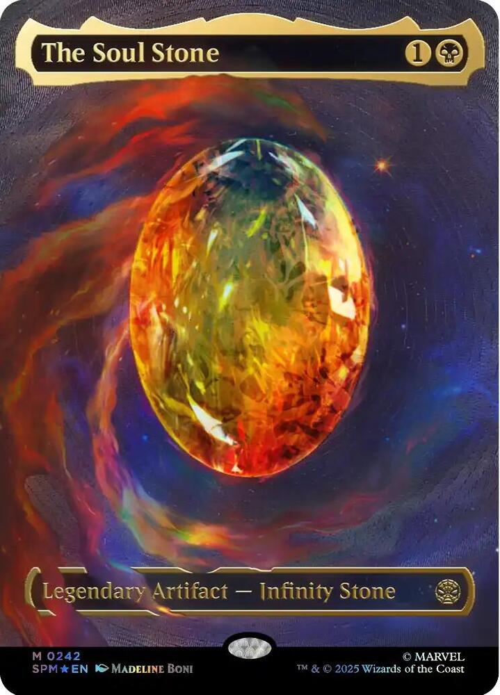 Cosmic Foil variant of The Soul Stone Infinity Stone card from Magic the Gathering's Marvel Spider-Man set