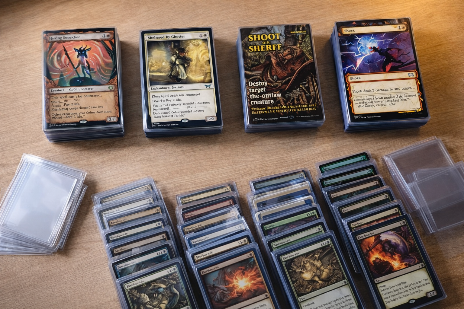 Fantasy trading cards sorted into playsets of four on a desk with shipping supplies