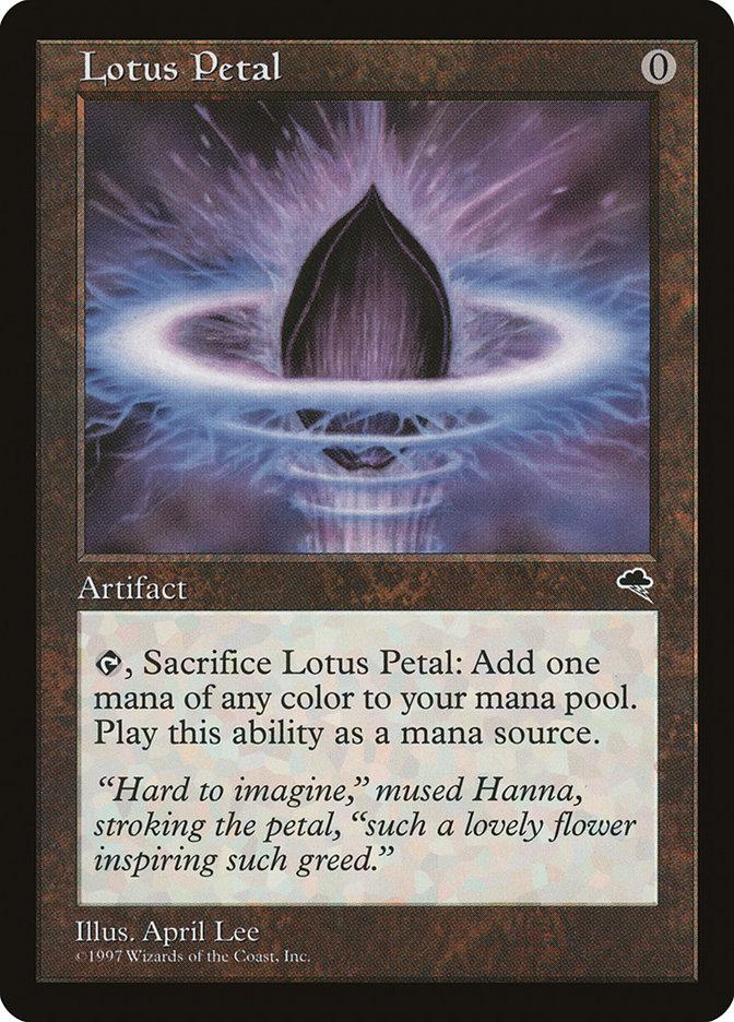 Lotus Petal from Tempest, a powerful zero-mana common worth $28 to $38