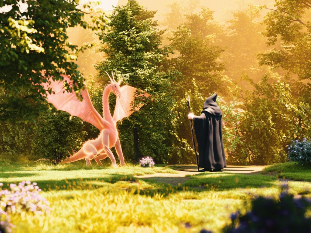 Fantasy scene of a dragon and a hooded planeswalker in a sunlit garden, evoking the Magic: The Gathering artwork style that makes even bulk cards worth selling on eBay