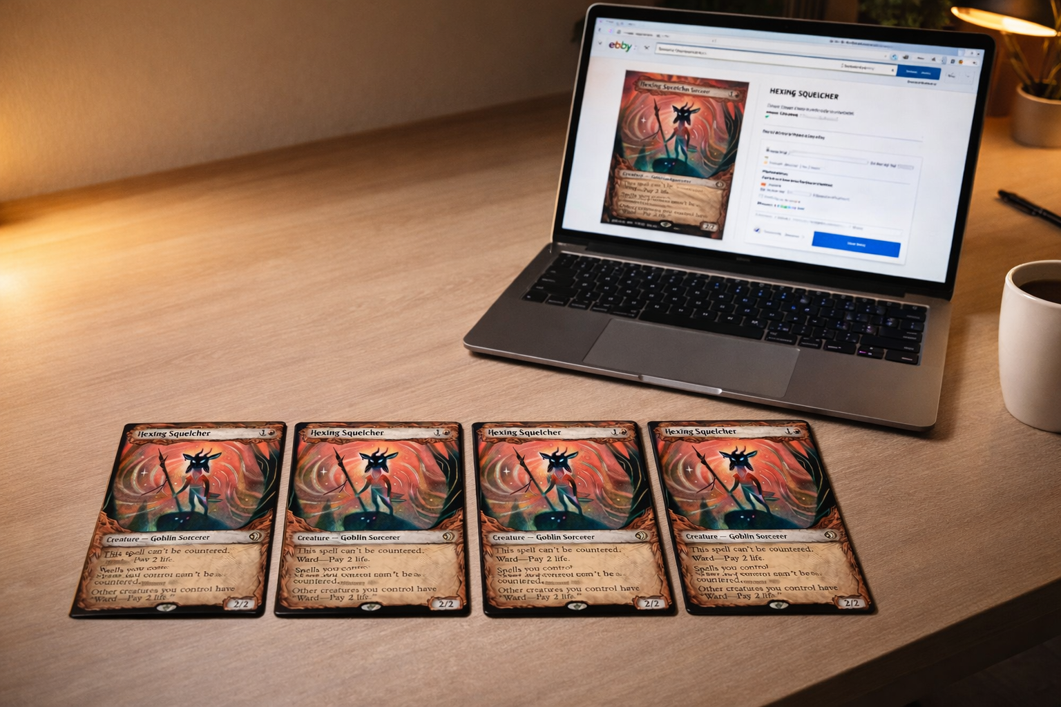 Four matching mtg standard legal cards arranged as a playset beside a laptop showing an eBay listing