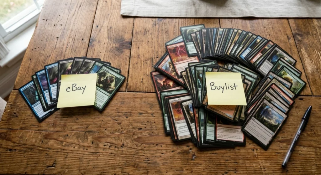 Separating Magic: The Gathering cards between eBay listings and buylist to avoid above-bulk selling mistakes