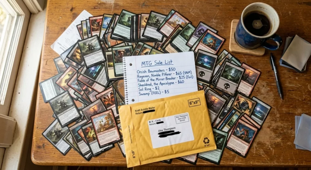 Pile of Magic: The Gathering cards on a desk with pricing notes, representing common MTG selling mistakes