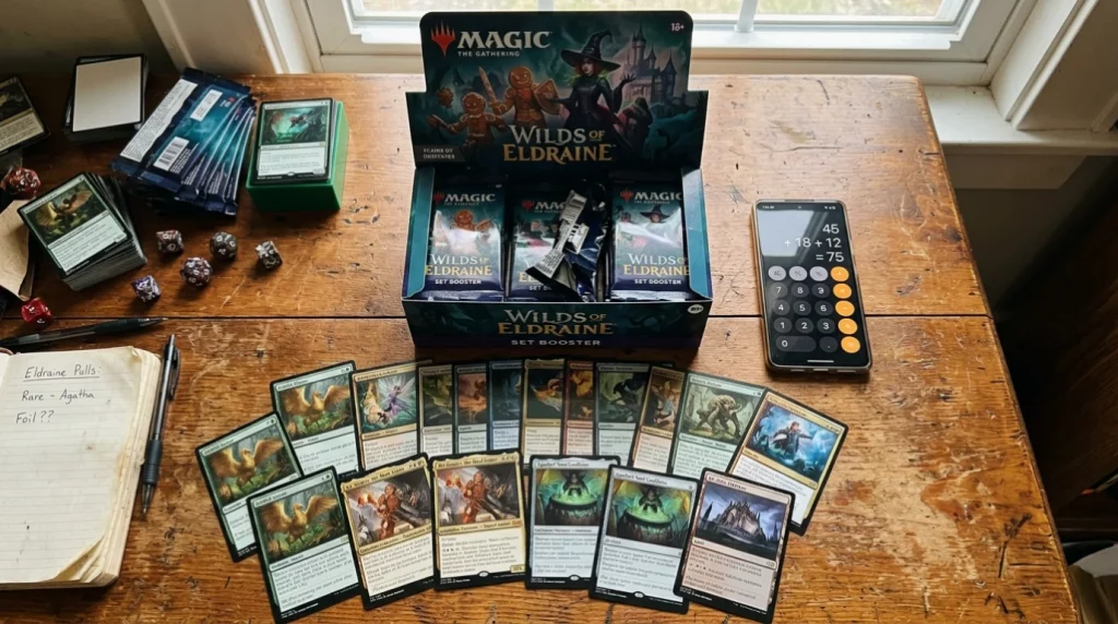 Opened booster box of MTG cards spread on desk next to phone calculator for checking MTG expected value