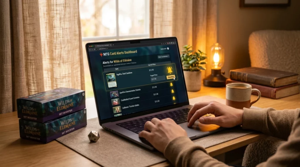Setting up price alerts for MTG sealed product deals on a laptop